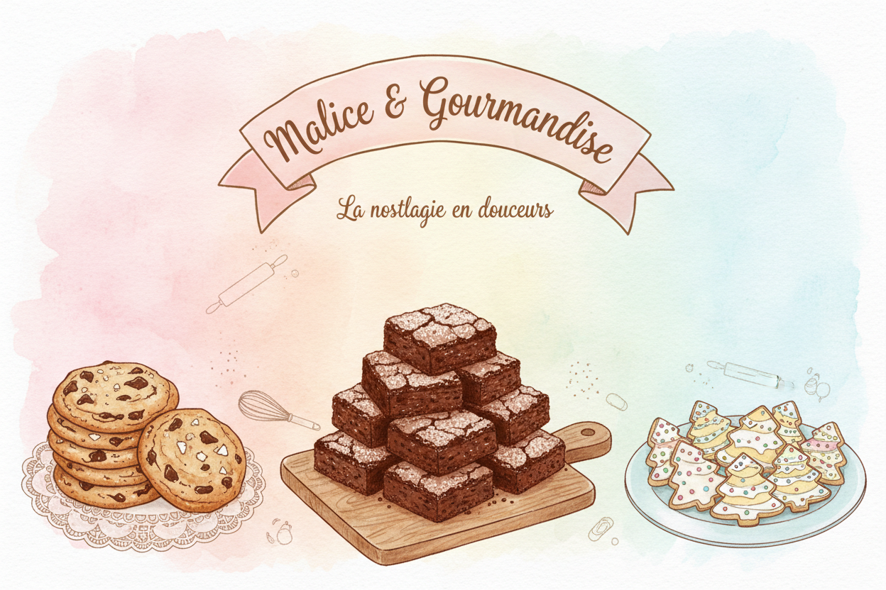 Bannière Malice & Gourmandise avec cookies, brownies et sablés
